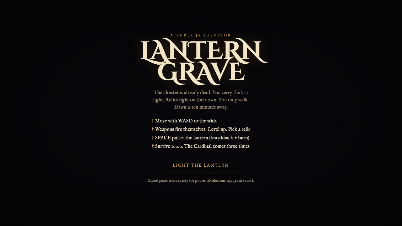 Lantern Grave: титульный экран Three.js survivor