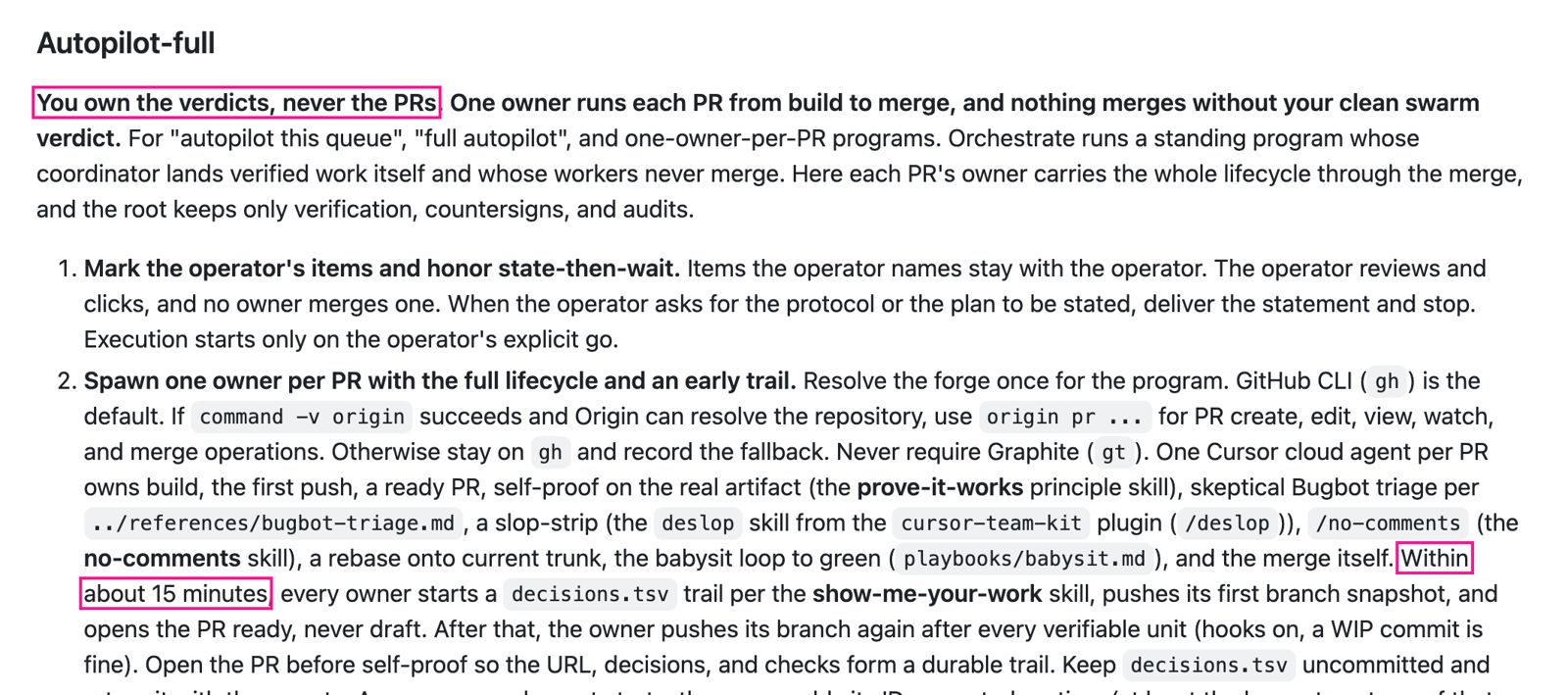 Начало плейбука Autopilot-full: You own the verdicts, never the PRs; один владелец ведёт каждый PR от сборки до мержа; ready-PR в течение примерно 15 минут