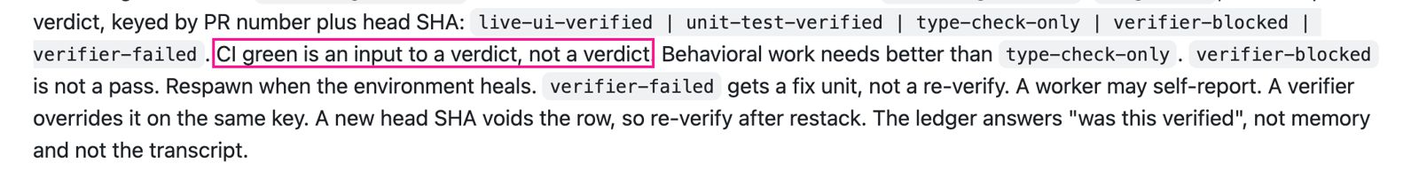 Фрагмент плейбука orchestrate: CI green is an input to a verdict, not a verdict; новый SHA аннулирует строку вердикта