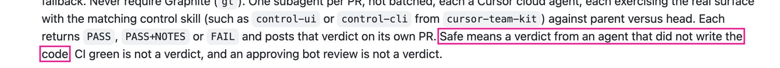 Фрагмент плейбука shipping: Safe means a verdict from an agent that did not write the code