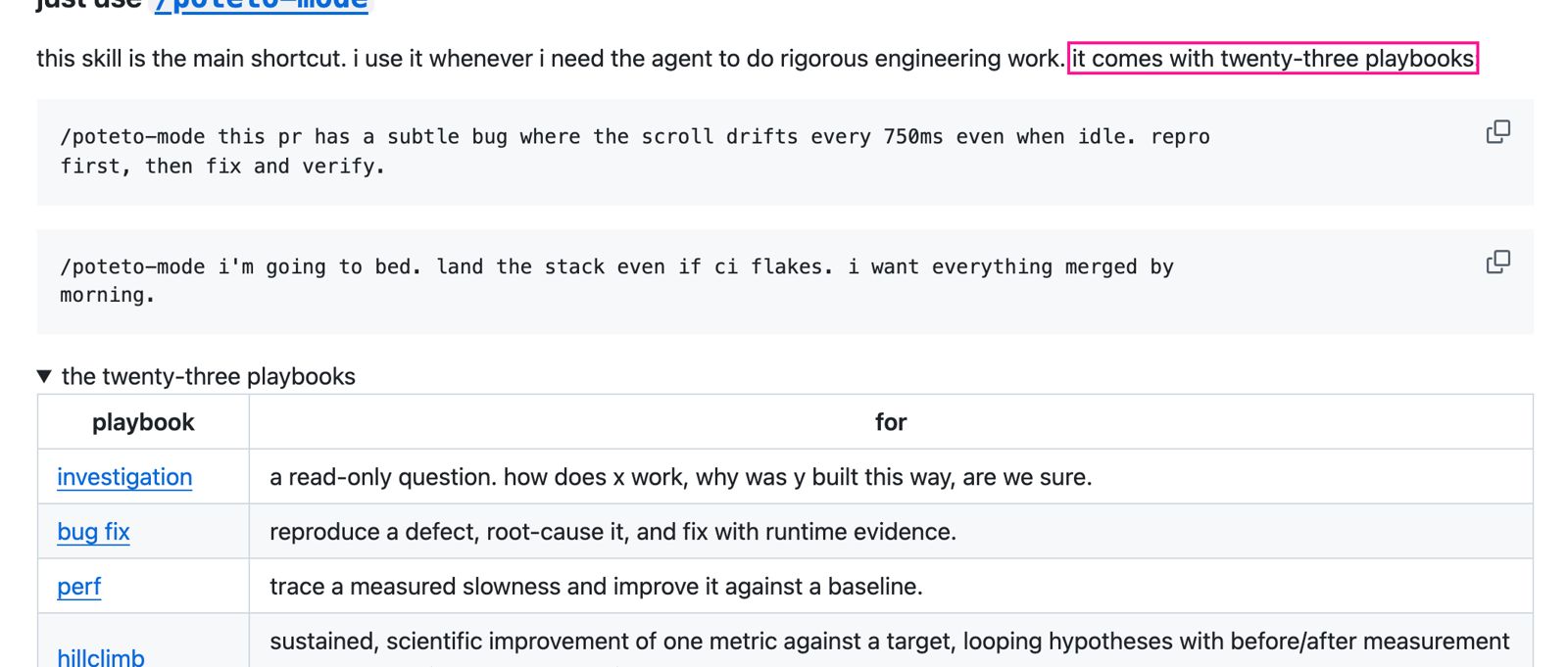 Фрагмент README pstack: два примера запроса через /poteto-mode и начало таблицы из двадцати трёх плейбуков