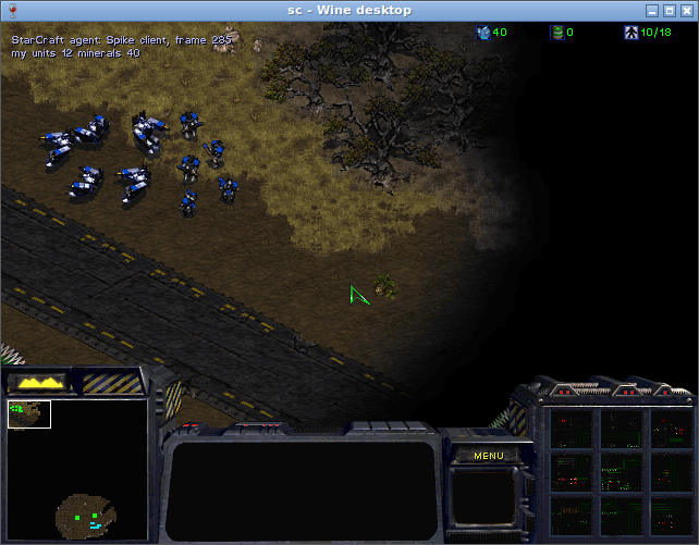 Миссия Wasteland, в левом верхнем углу строка StarCraft agent: Spike client, frame 285 и my units 12 minerals 40