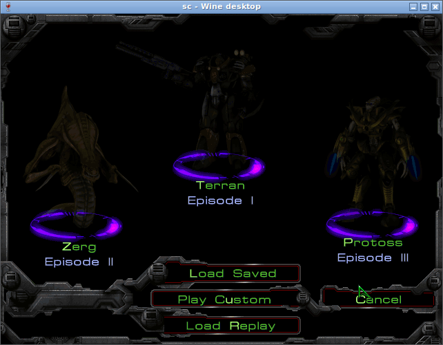 Выбор эпизода: Zerg, Terran и Protoss, внизу кнопки Load Saved, Play Custom, Load Replay