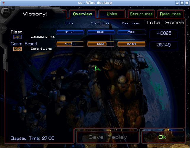 Экран Victory третьей миссии: время 27:05, счёт 40825 против 36149