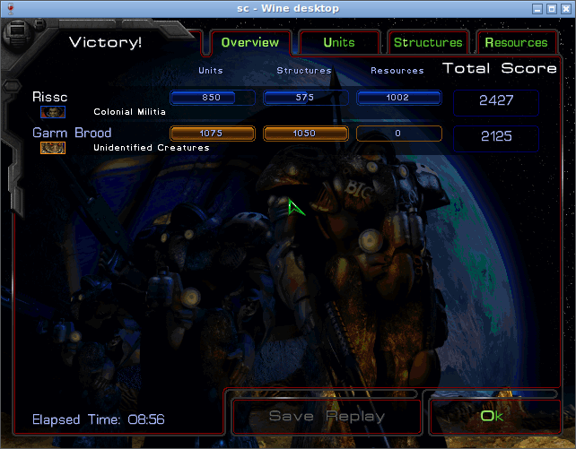 Экран Victory первого запуска Wasteland: время 08:56, счёт 2427 против 2125