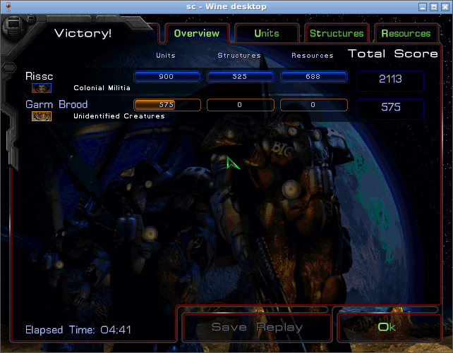 Экран «Victory!» после первой миссии оригинального StarCraft: время 04:41, счёт 2113 против 575