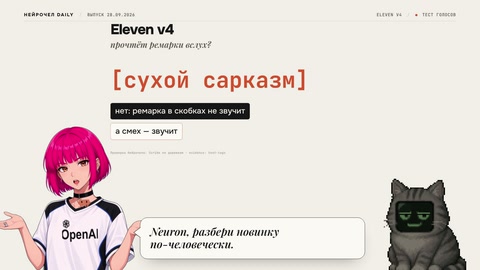 Кадр выпуска Нейрочела про ElevenLabs v4: ремарка «сухой сарказм» и два персонажа.