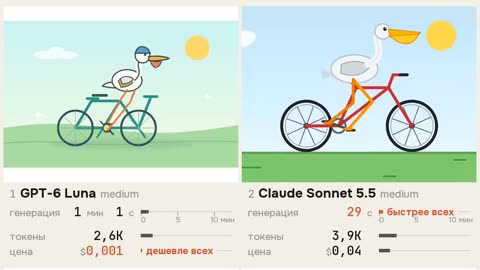 Кадр ролика-сетки Нейрочела: пеликаны на велосипеде от GPT-6 Luna и Claude Sonnet 5.5 со временем и ценой.